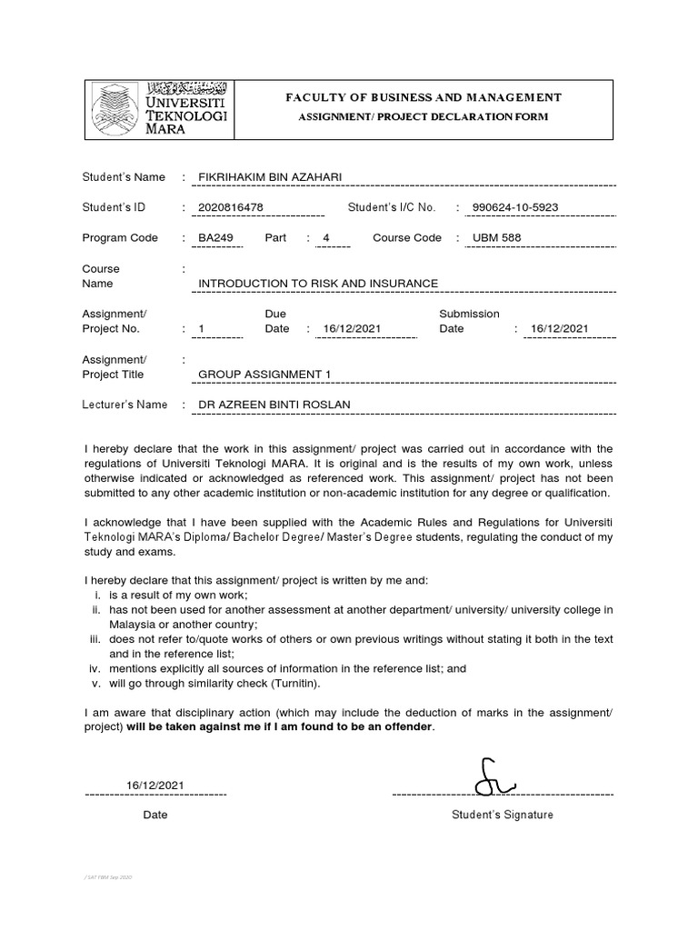 declaration form for assignment unisa