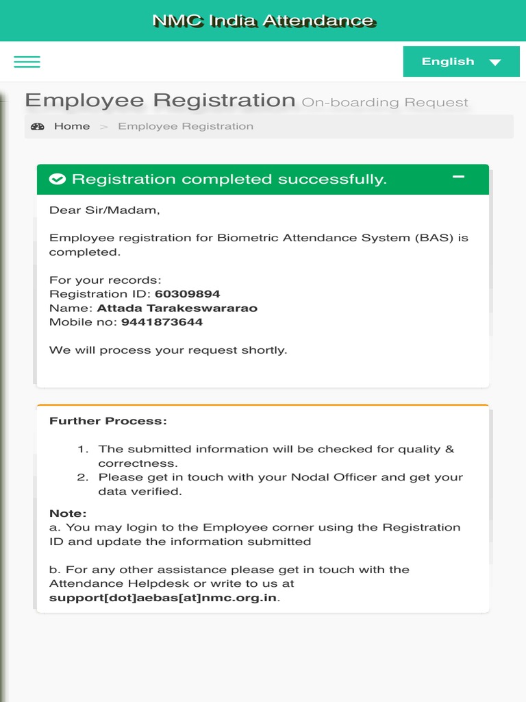 NMC Biometric Attendance Registration | PDF | Finance & Money Management