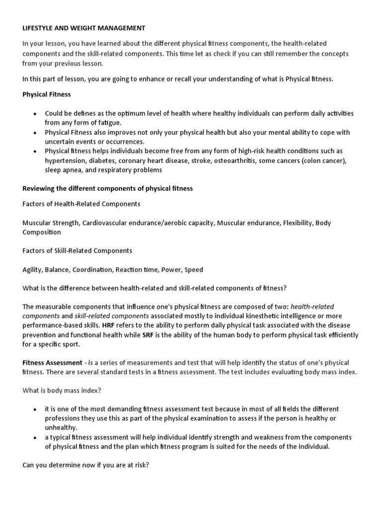 LIFESTYLE AND WEIGHT MANAGEMENT PDF Physical Fitness Foods