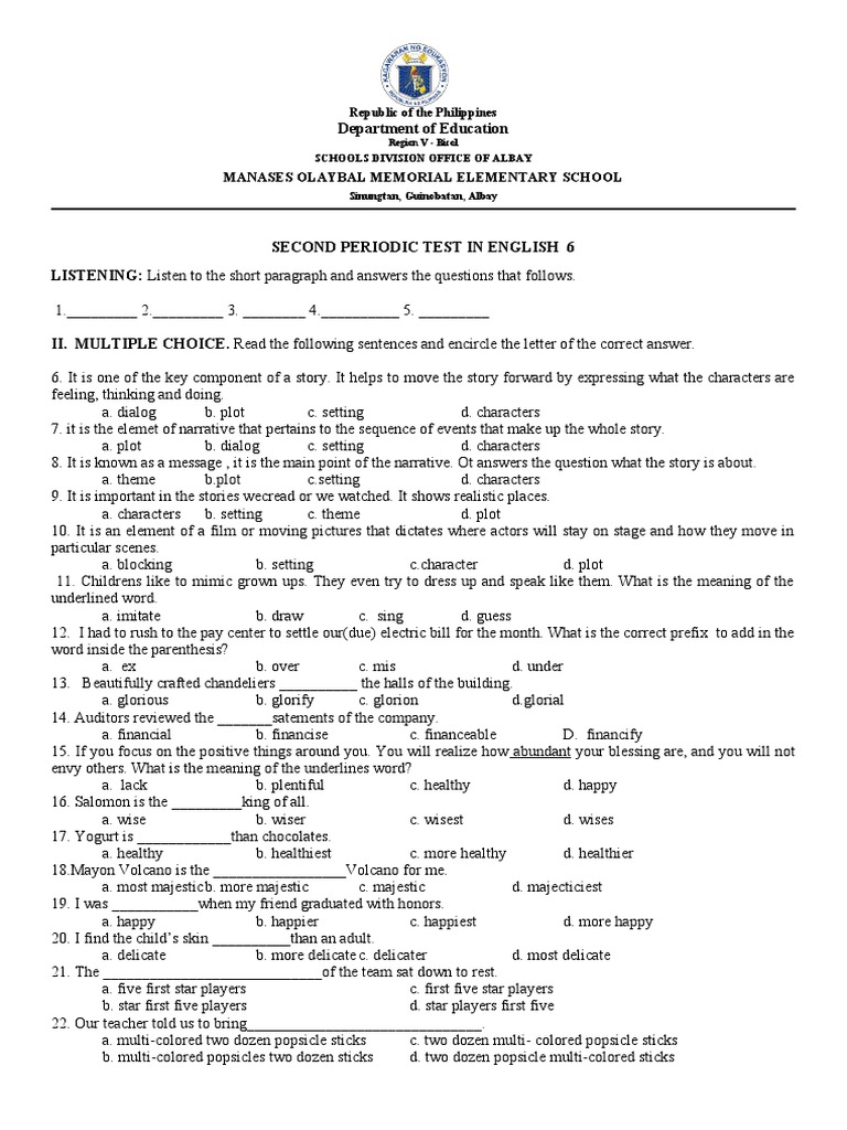 English 6 Quarter 2 Test Guide | PDF | Adverb | Linguistics