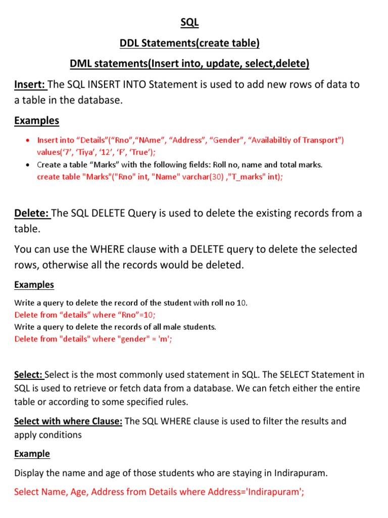 SQL Notes | PDF | Sql | Table (Database)