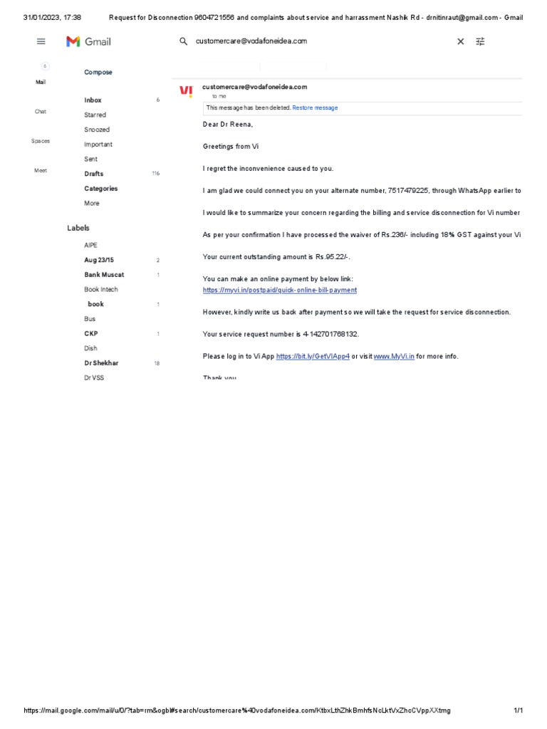 Request For Disconnection 9604721556 and Complaints About Service and ...