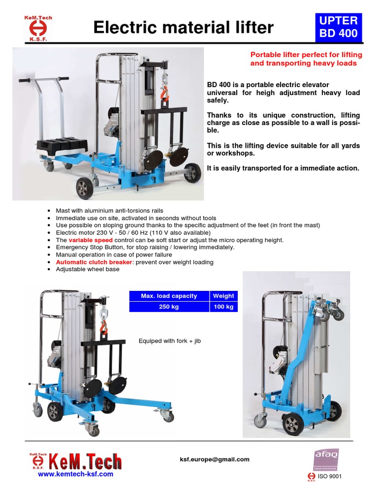BD 400 Electric Materail Lift 250 KG PDF