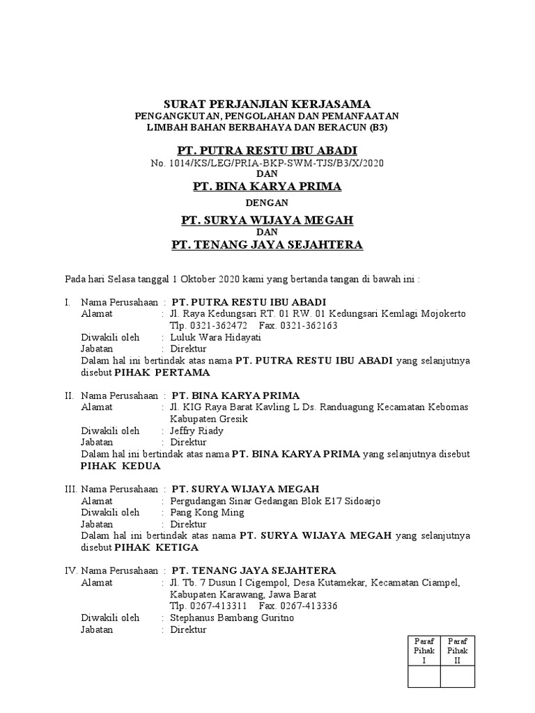 Draft MoU PRIA - PT. Bina Karya Prima 2020 | PDF