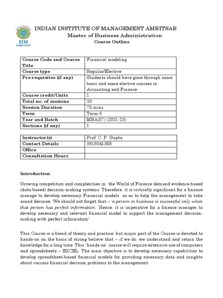 Course Outline Financial Modeling - IIM Amritsar | PDF | Microsoft ...
