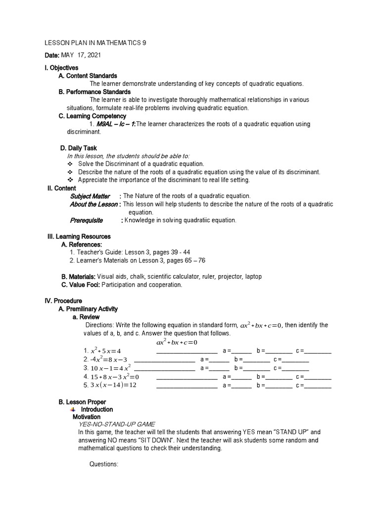 Lesson Plan in Math 9 | PDF | Quadratic Equation | Equations