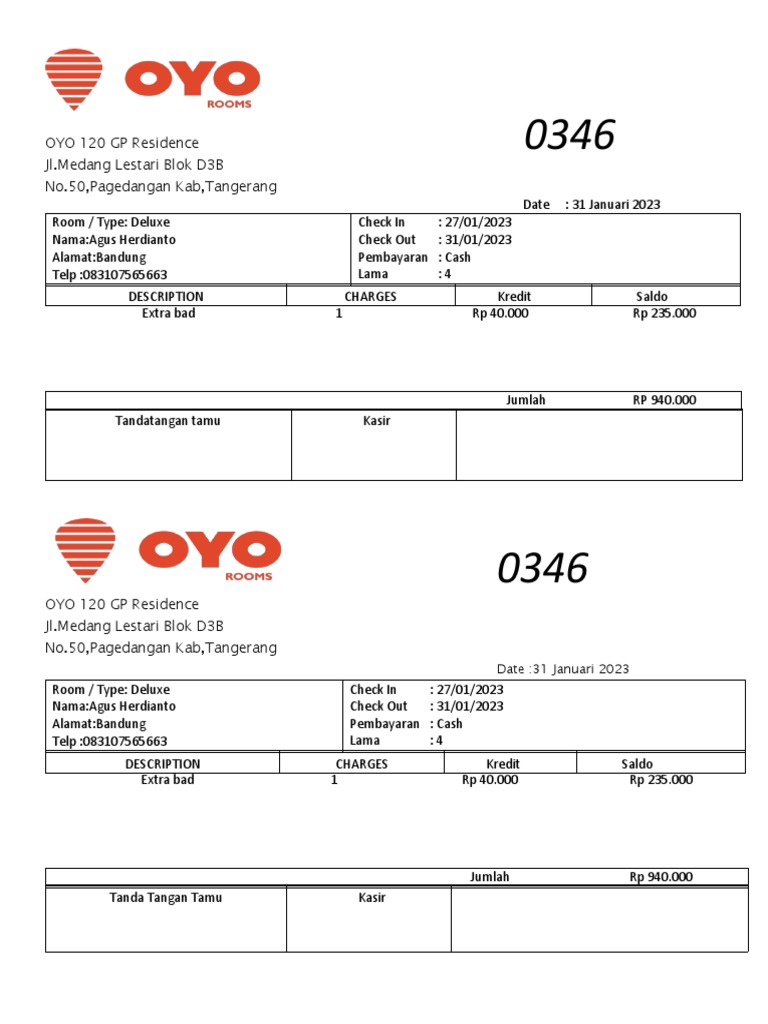 Nota Pembayaran OYO 120 GP Residence | PDF