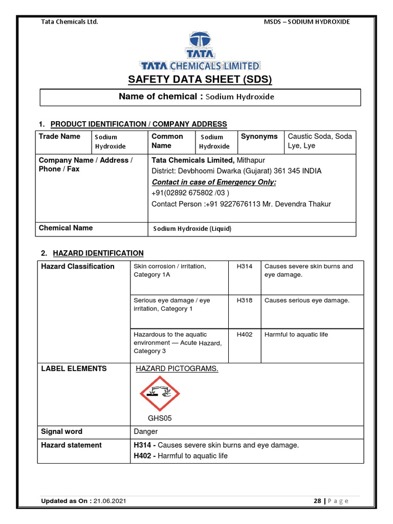 Sodium Hydroxide Safety Data Sheet | PDF | Sodium Hydroxide | Water