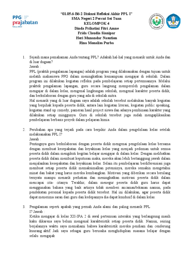 Diskusi Refleksi Akhir PPL I-Kelompok 4 | PDF