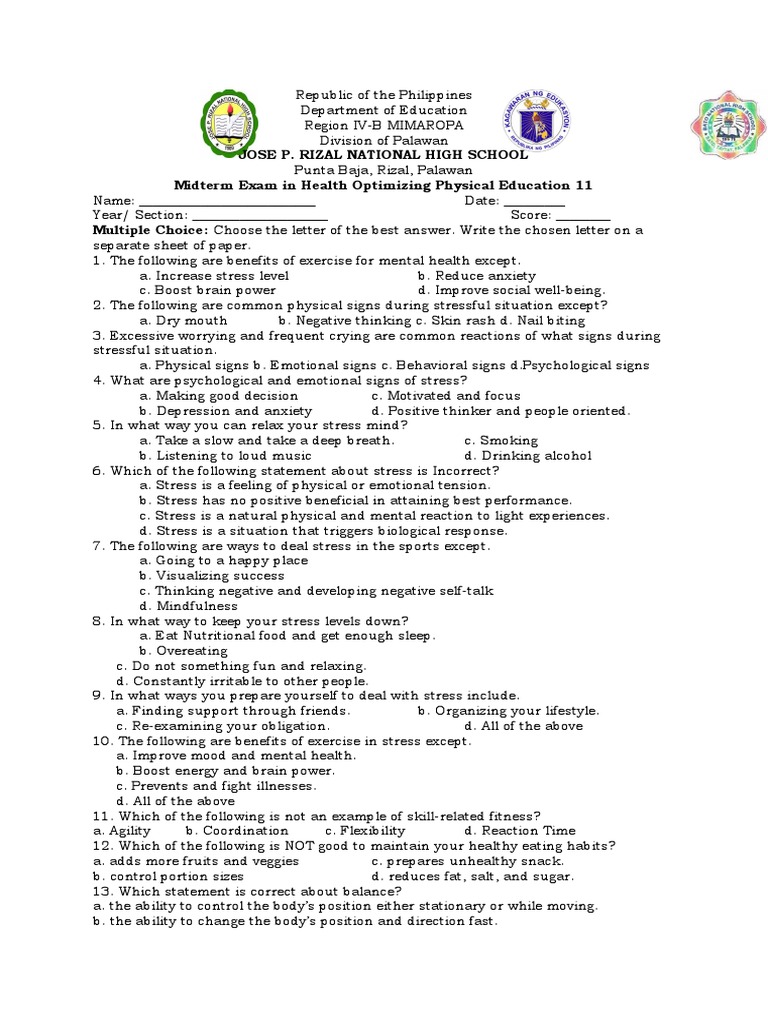 Q3 Midterm Exam P E 11 2nd Semester Pdf Physical Fitness