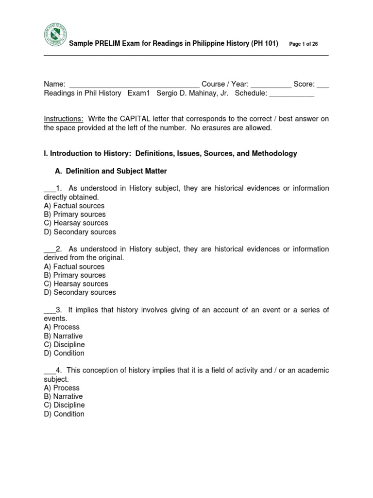 Sample PRELIM Exam For Readings in Philippine History (PH 101) | PDF ...