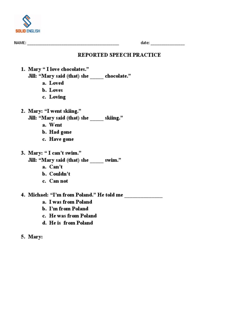 reported speech worksheet | PDF