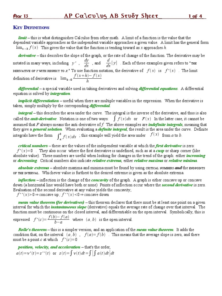 AP Calculus AB Study Sheet | PDF | Derivative | Integral