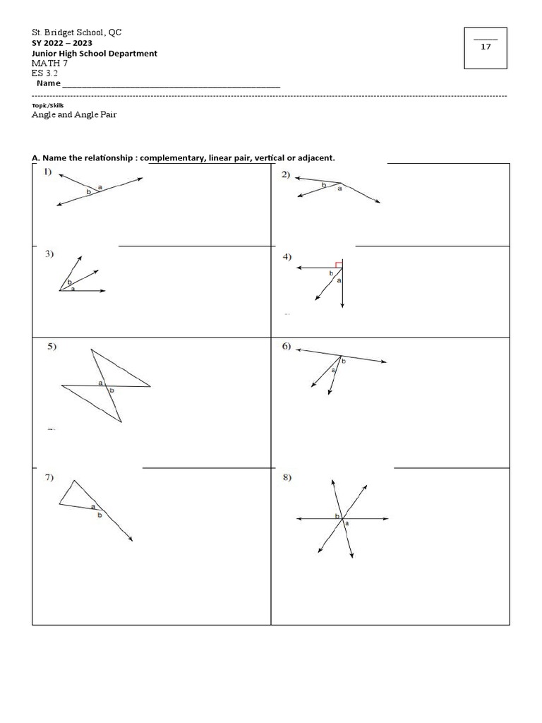 Angle relationships and measurements a math 7 worksheet on