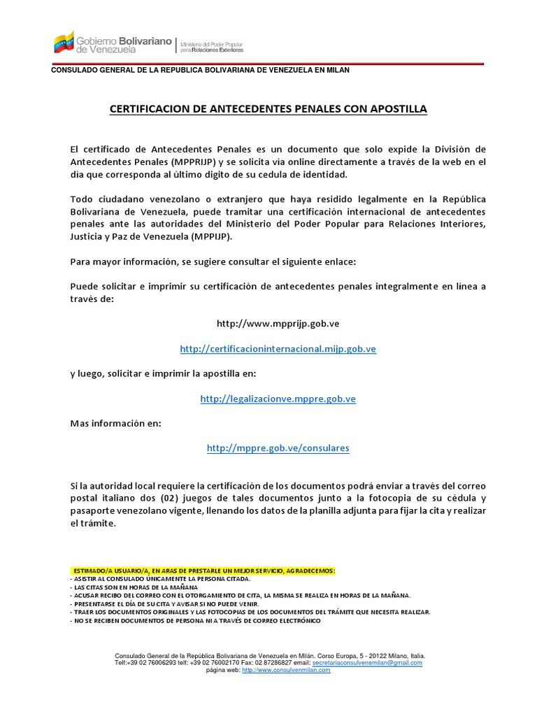 Certificacion De Antecedentes Penales Con Apostilla PDF