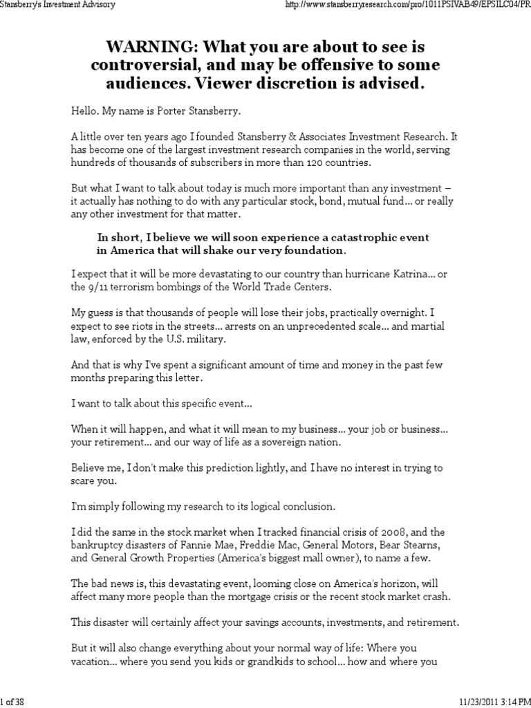 Stansberry Investment Advisory End of America PDF Money Currency