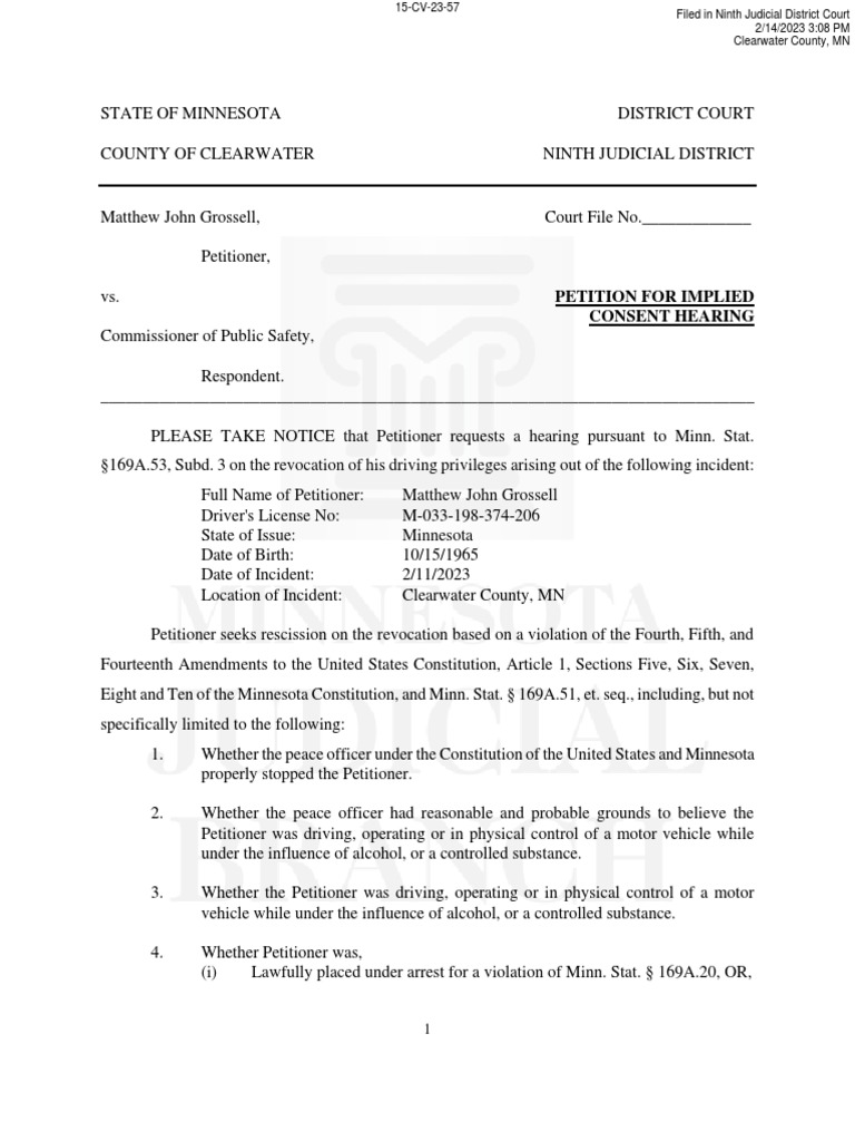 Grossell Petition For Implied Consent Hearing PDF Fourteenth