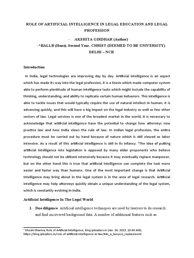 Role of Artificial Intelligence in Legal Education and Profession | PDF ...