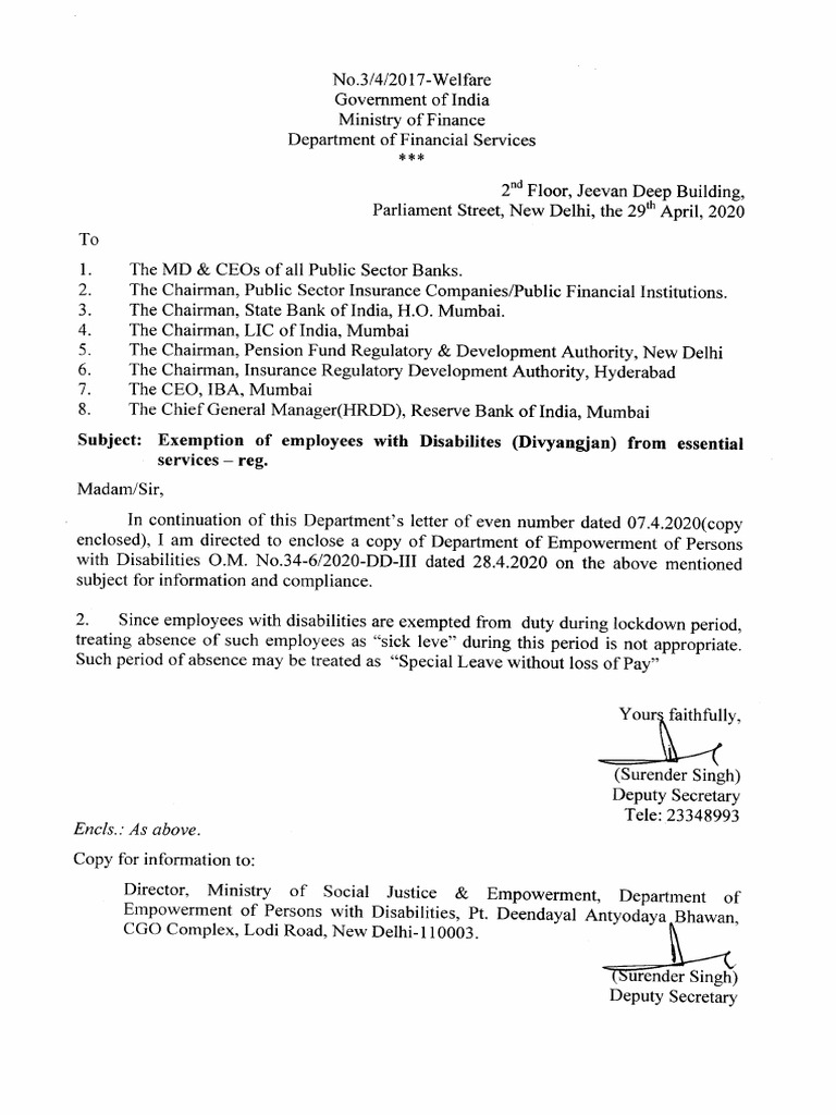 DFS Letter To Banks For PWDs PDF Government Of India Government