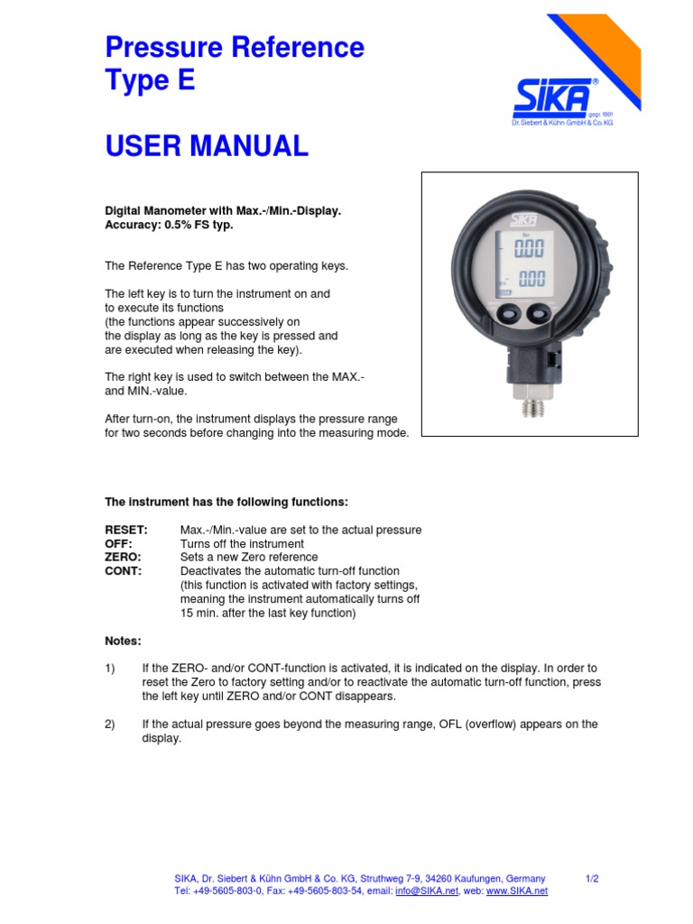 Digital Manometer Type E Manual | PDF | Pressure Measurement | Equipment