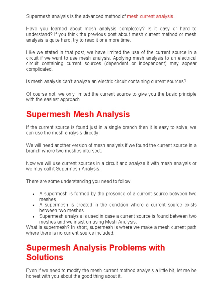 Supermesh Analysis Is The Advanced Method Of Pdf Electrical Network