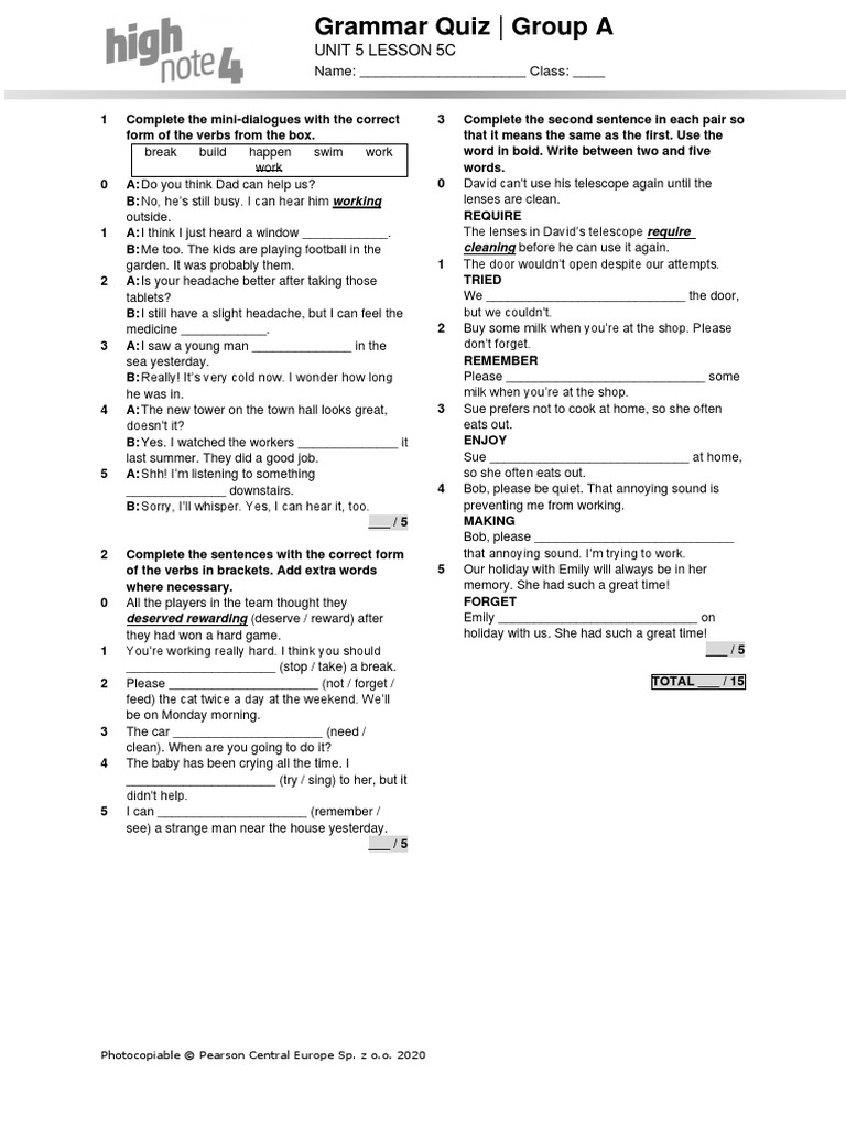 HighNote4 U5C Grammar Quiz A | PDF