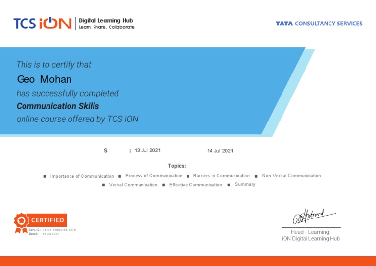 Tcs ion digital learning hub certificate for communication skills