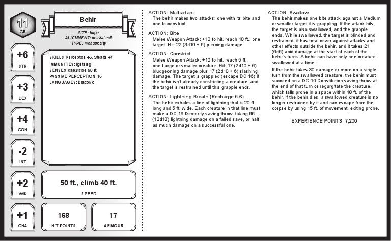 Behir Combat Actions and Stats | PDF