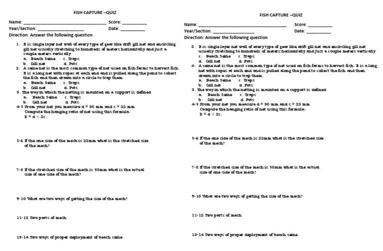 Fish Capture Quiz Guide, PDF, Marine Biology