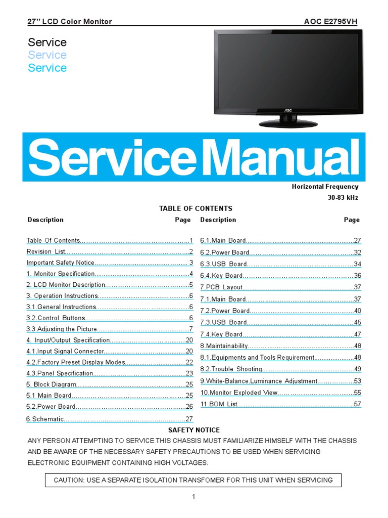Aoc E2795vh LCD Monitor | PDF | Computer Monitor | Thin Film Transistor ...