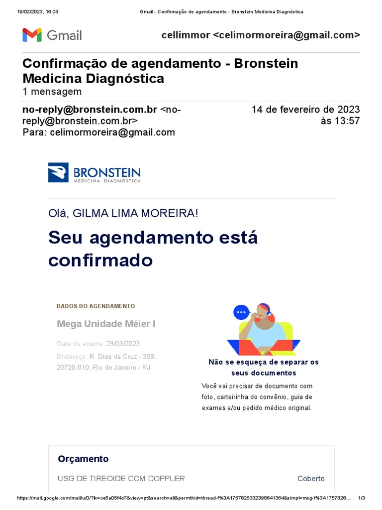 Gmail - Confirmação de Agendamento - Bronstein Medicina