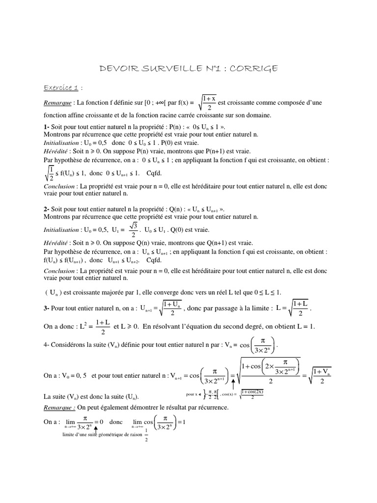 Corrigé d'exercices sur suites récurrentes | PDF | Limite ...