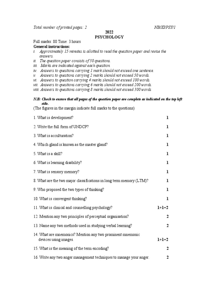 Psychology Exam Questions Covering Key Concepts in Development, Learning, Memory, Problem