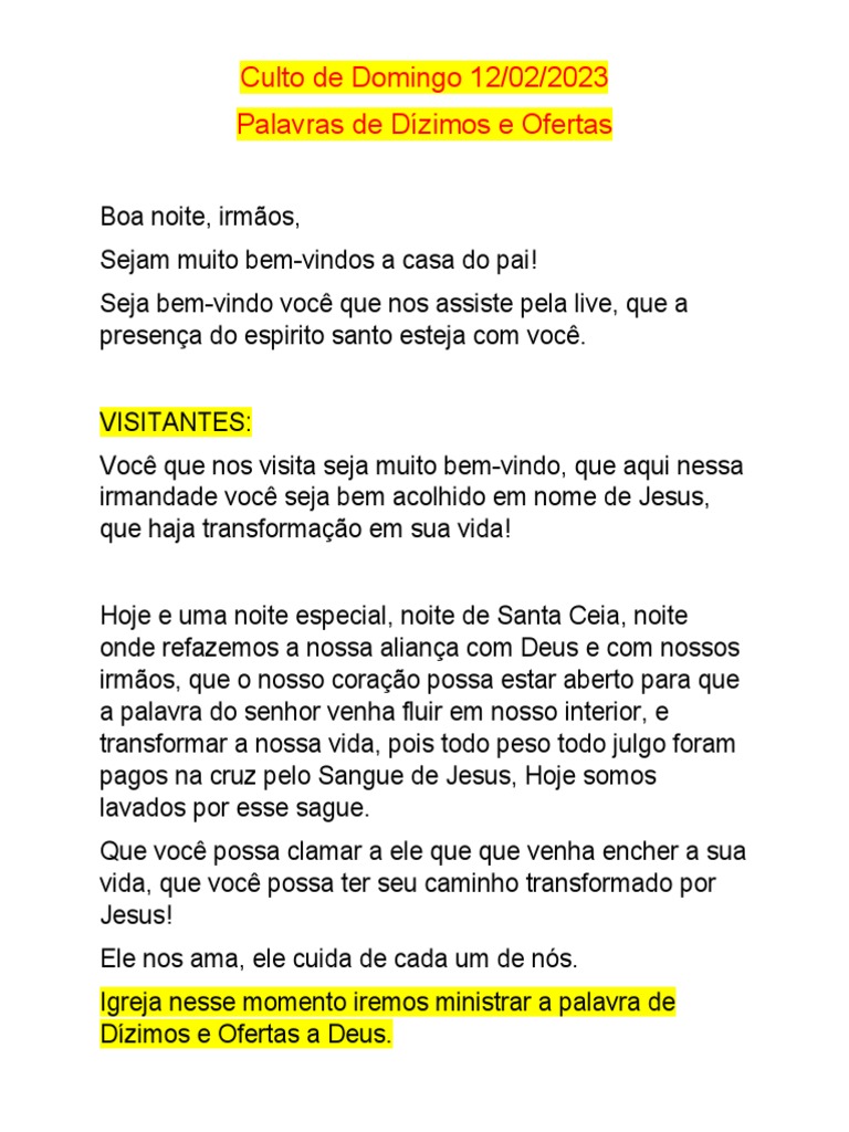 Dizimos e Ofertas 12-02-23 | PDF | Oração | Dinheiro