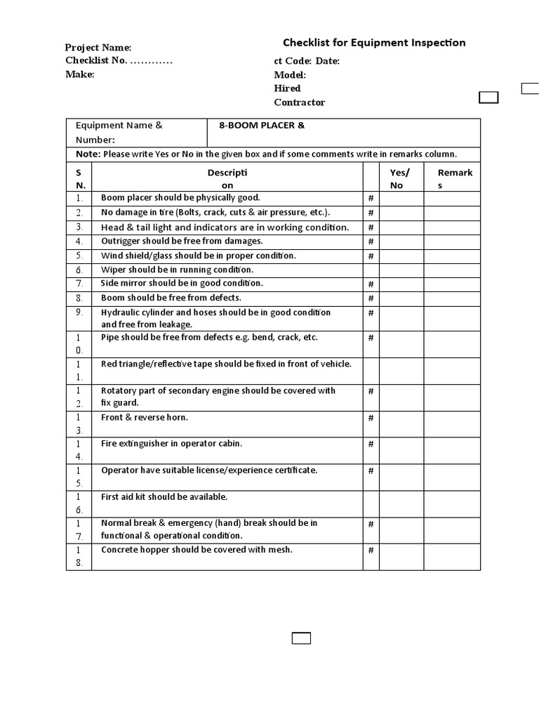 Checklist For Equipment Inspection BOOM PLACER PDF