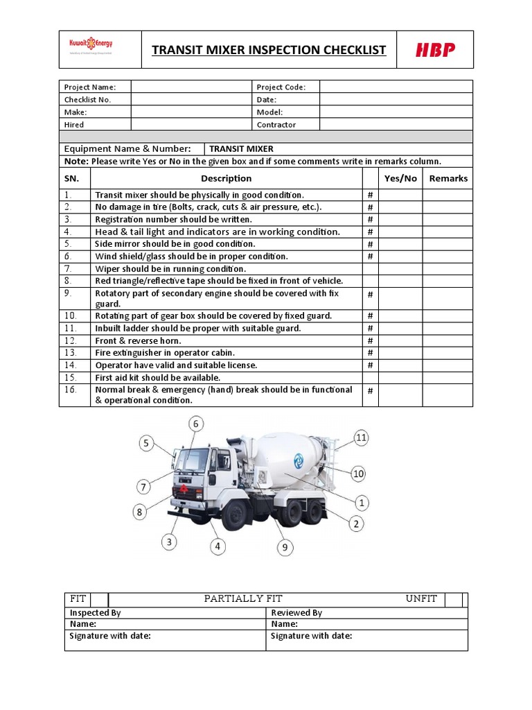 Checklist For Equipment Inspection TRANSIT MIXER PDF