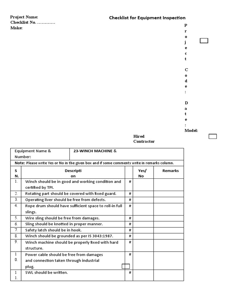 Checklist For Equipment Inspection Winch Machine PDF Manufactured