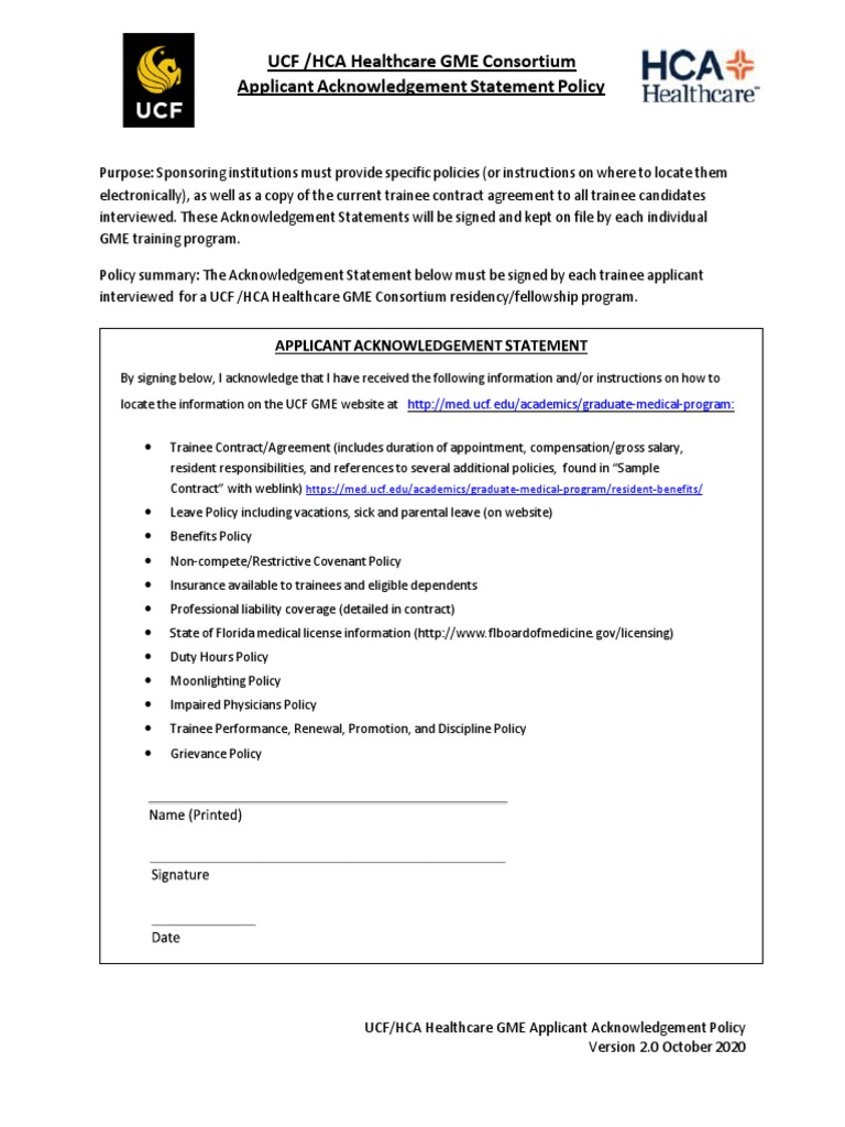 UCF HCA Healthcare GME Applicant Acknowledgement Policy - Updated ...