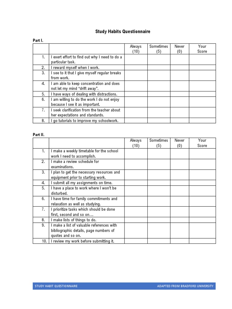 Study Habits Questionnaire Overview | PDF | Behavior Modification ...