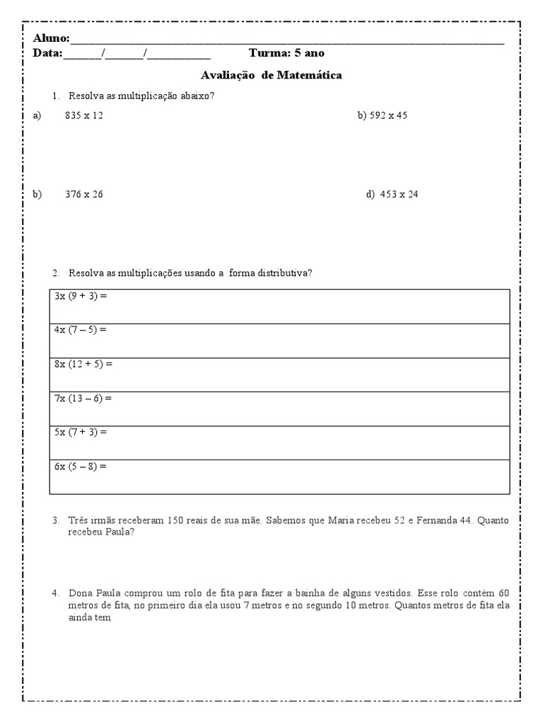 Avaliação de Matemática 5 Ano | PDF