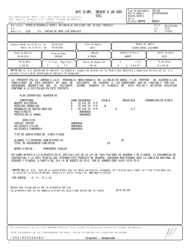 Poliza ap escolar 2019 2020 no 2901900002480 pdf seguro gobierno