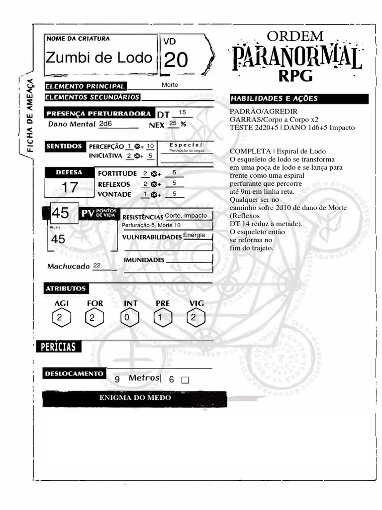 Ficha de Zumbi Lodo | PDF