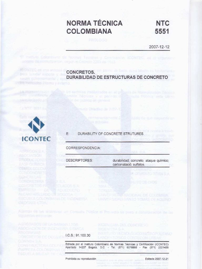 NTC 5551-2007 Durabilidad Estructuras Concreto | PDF