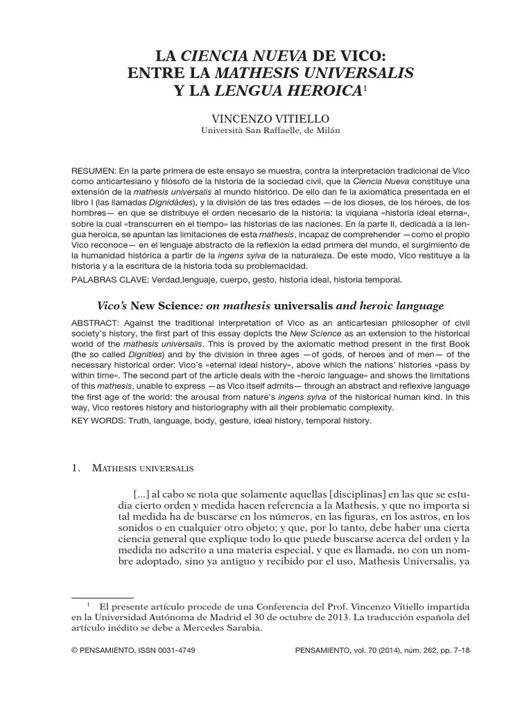 La Ciencia Nueva de Vico Entre La Mathesis Universalis y La Lengua ...