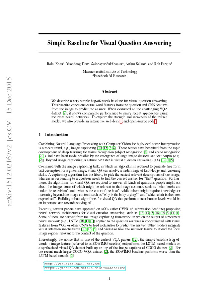 Simple Baseline For Visual Question Answering PDF Cognition
