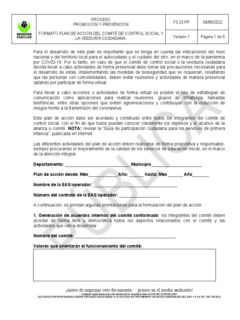 Plan de Acción Control Social ICBF 2023 | PDF | Planificación