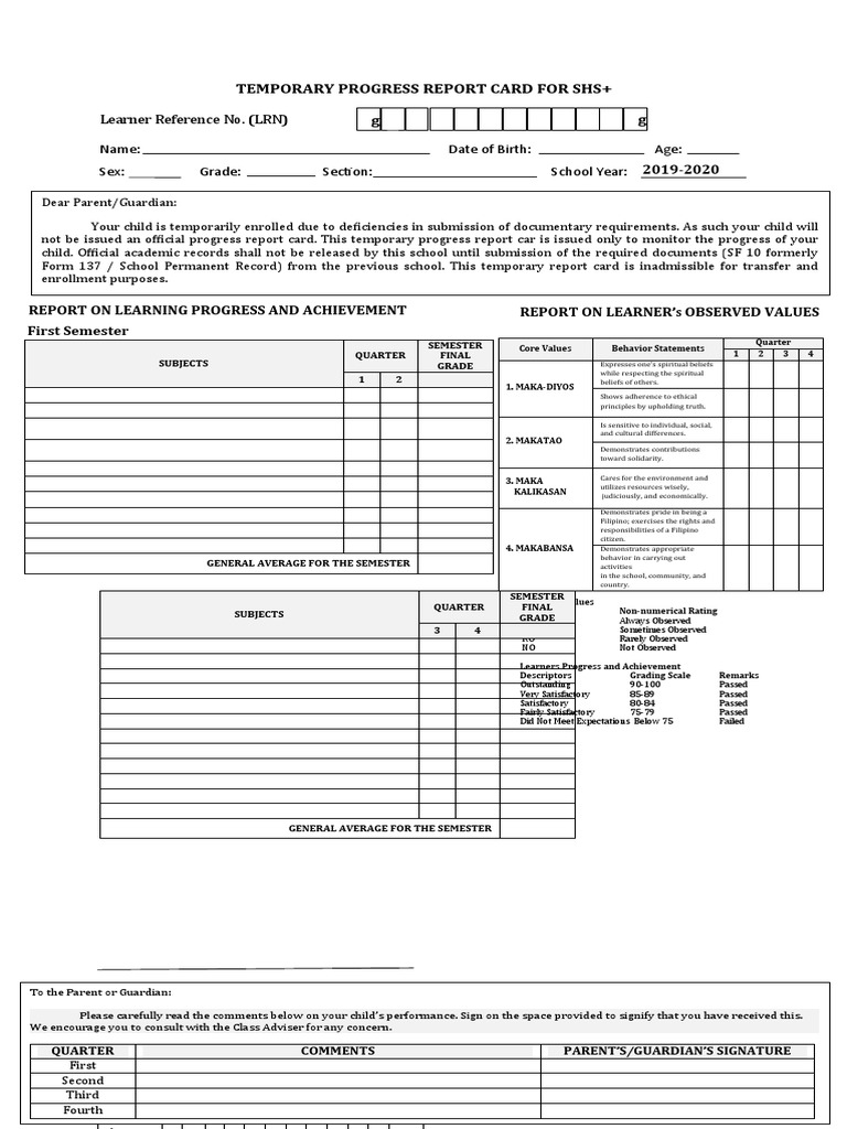 Temporary Progress Report Card for SHS | PDF | Learning