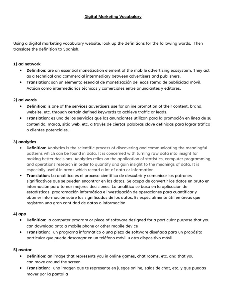 Digital Marketing Vocabulary PDF Hashtag Posicionamiento en