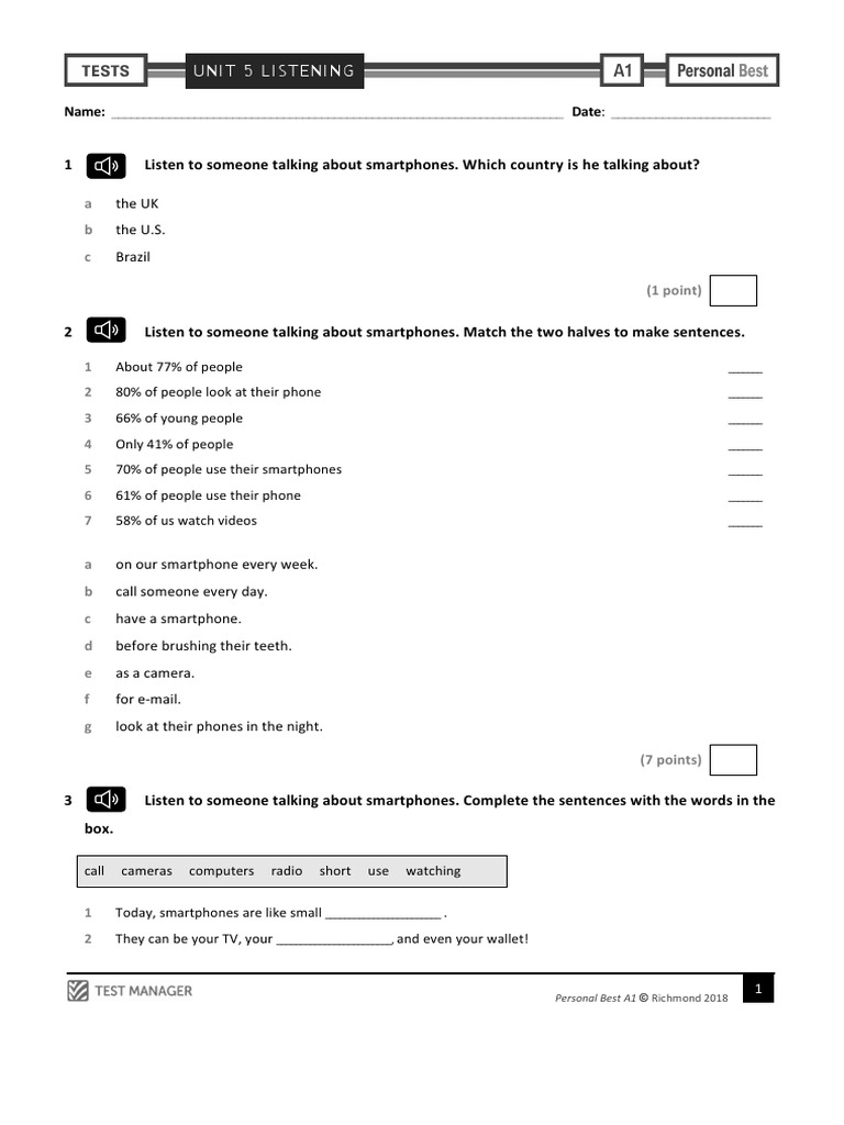 Personal Best A1 Unit 5 Listening Test | PDF | Smartphone | Personal ...