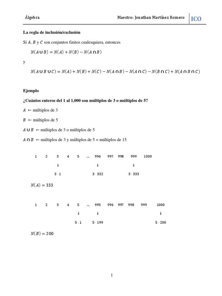 Regla de la inclusión/exclusión PDF Teoría de los números Lógica